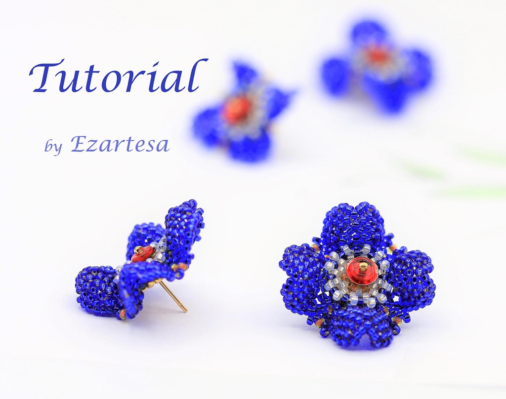 I created gorgeous, deep blue color beaded flower stud earrings pattern. This fun beading tutorial is created for intermediate bead weavers. Make these adorable flower earrings for yourself or as a gift for somebody born under Pisces star sign. beaded-seed-bead-flower-studs-earrings-tutorial-ezartesa