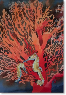 underwater world watercolor painting seahorses on coral