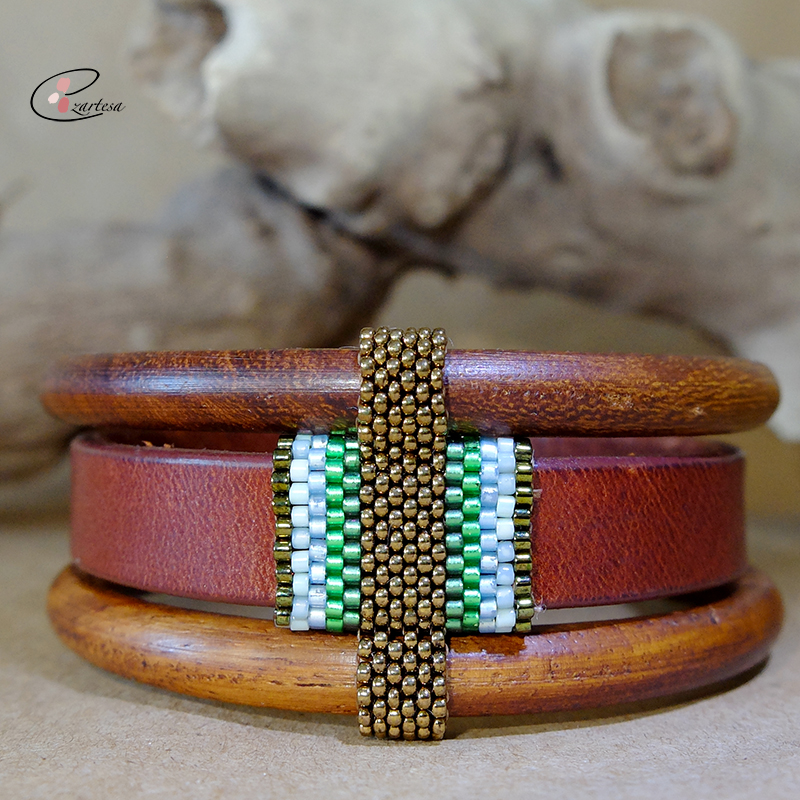 Handmade jewelry wood leather beaded bangle by Ezartesa