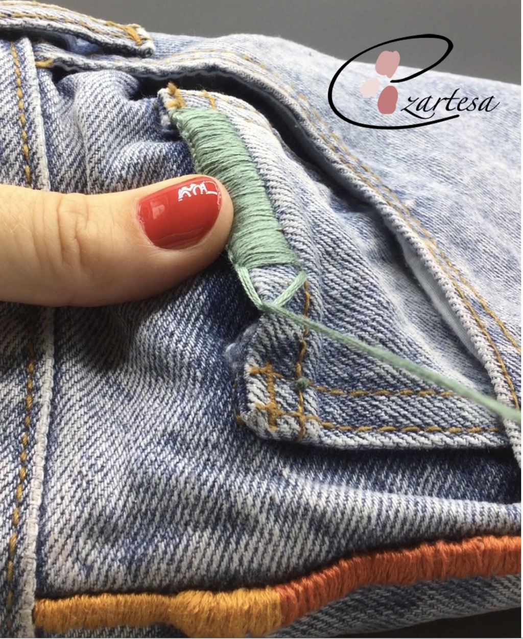 satin-blanket-stitches-jeans-diy