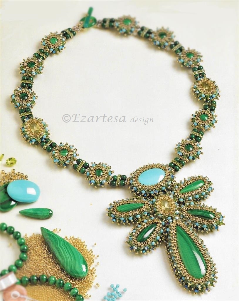 taurus-zodiac-sign-birthstones-jewelry-tutorials-emerald-isle. Beaded Necklace Emerald Isle is created from Malachite cabochons, Peridot gemstones beads, Sleeping Beauty Turquoise Cabochons, Swarovski crystals and tiny glass seed beads.